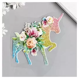 Термонаклейка "Единорог в блёстках, с цветами" 10х9,3 см