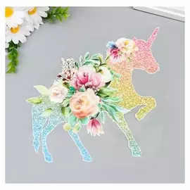 Термонаклейка "Единорог в блёстках, с цветами" 23х21,4 см
