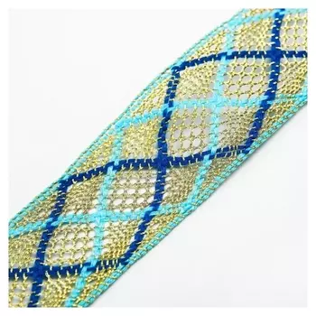 Тесьма сине-голубая на золоте, ширина 3,5 см, в упаковке 25 м