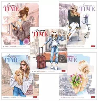 Тетрадь А5, 48 л., Hatber, скоба, клетка, матовая ламинация, "Happy Time" (5 видов в спайке), 48т5лв1