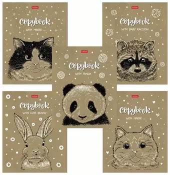 Тетрадь А5, 48 л., Hatber, скоба, клетка, обложка крафт-картон, "Милые зверьки" (5 видов в спайке), 48т5в1