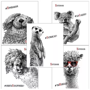 Тетрадь А5, 48 л., пзбм, скоба, клетка, Soft Touch, выборочный лак, "Черно-белые звери" (5 видов), 027941