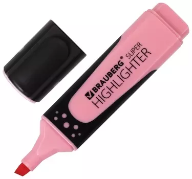 Текстовыделитель Brauberg "Super Pastel", пастельный розовый, прорезиненный корпус, линия 1-5 мм, 151753