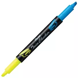 Текстовыделитель двусторонний Pentel (Япония), желтый/голубой, "Twin Checker", линия 3,5 мм, Slw8-gs