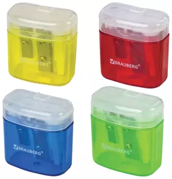 Точилка Brauberg "Chief" с контейнером, пластиковая, прямоугольная, 2 отверстия, с крышкой, ассорти