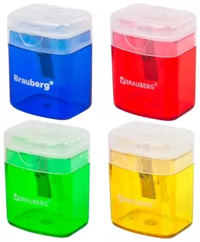 Точилка Brauberg "Officebox", с контейнером и крышкой, прямоугольная, в упаковке с подвесом, ассорти