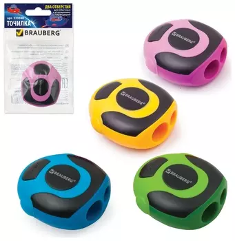 Точилка Brauberg "Sirius", 2 отверстия, резиновый упор, в упаковке с подвесом, ассорти, космический корабль