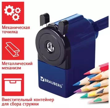 Точилка механическая Brauberg "Jet", металлический механизм, корпус синий, 229570