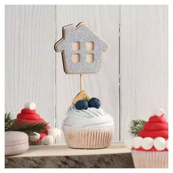 Топпер деревянный блестящий "Домик" серебро 8,5х7,2 см