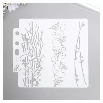 Трафарет пластик "Бамбук, пчёлки и птицы на проводах" 13х14 см