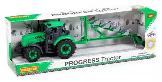 Трактор «Прогресс» с плугом, инерционный, цвет зелёный