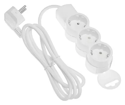Удлинитель Duwi, 3 розетки, 1.5 м, 10 А, ПВС 3х0.75 мм2, возм-ть креп. к стене, с з/к, белый