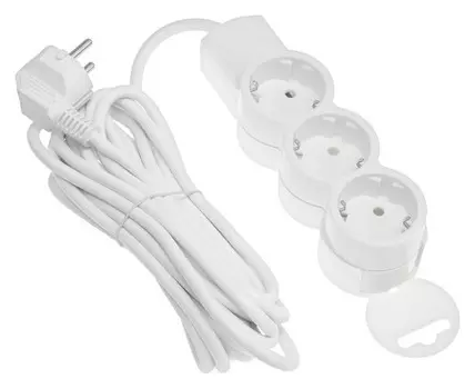 Удлинитель Duwi, 3 розетки, 5 м, 10 А, ПВС 3х0.75 мм2, крепление к стене, з/к, белый
