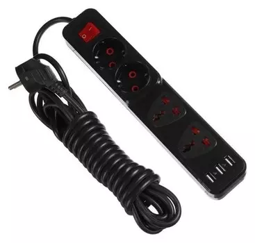 Удлинитель Luazon, 4 гнезда, 2 евро + 2 универс., с выкл., 2200вт, 3*usb, 5 м, 220в, черный 510184