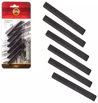 Уголь прессованный KOH-I-NOOR, набор 6 шт., квадратное сечение, 3 градации твердости