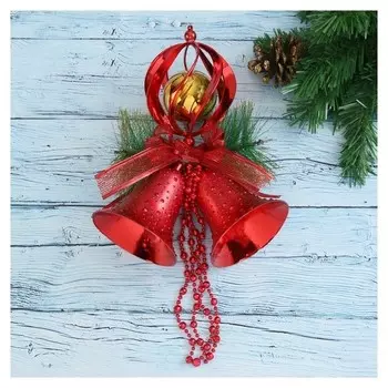 Украшение новогоднее "Два колокольчика с бусами на шаре с бантом" 21х30 см, красный