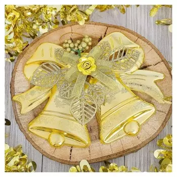 Украшение новогоднее "Два колокольчика с розочкой и листиками" 19х13 см, золото