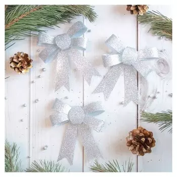 Украшение ёлочное "Бант - блеск" (Набор 3 шт) 9х10 см серебро