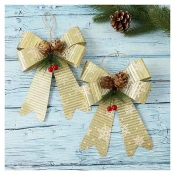 Украшение ёлочное "Бантик в снежинках с шишками" (Набор 2 шт) 13,5х17,5 см золото