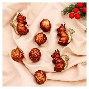 Украшение ёлочное "Белочки и орешки" (Набор 8 шт) коричневый