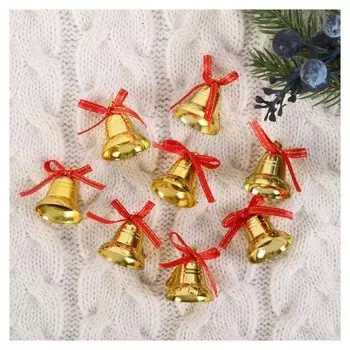 Украшение ёлочное "Колокольчики с бантиком и снежинками" (Набор 8 шт) 2 см золото