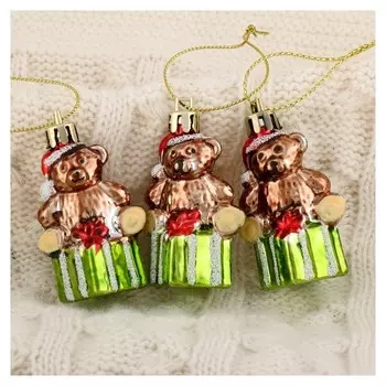 Украшение ёлочное "Мишка на подарке" (Набор 3 шт) 6х4 см