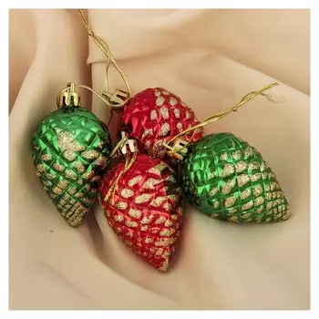 Украшение ёлочное "Шишка с золотинкой" (Набор 4 шт) 5х4 см красный, зелёный