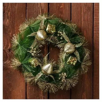 Венок новогодний D-20 см "Подарочек" зелёный с золотым декором