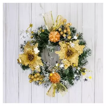 Венок новогодний D-24 см "Цветы и шишки" золото