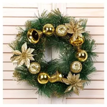 Венок новогодний D-25 см "Золотые цветочки и колокольчики"