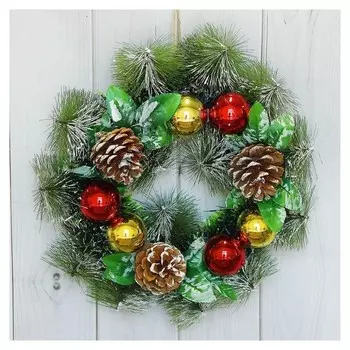 Венок новогодний D-27 см "Шишки и листики в инее"
