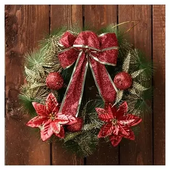 Венок новогодний D-28 см "Бантик" с красными цветами