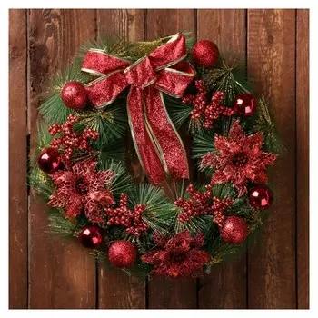 Венок новогодний D-36 см "Бантик" красные ягодки и цветы
