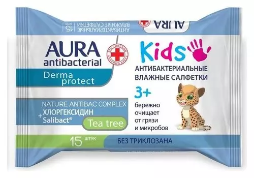 Влажные салфетки Aura, детские 3+, 15 шт.