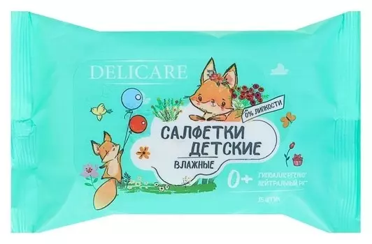 Влажные салфетки Delicare для детей лисенок, 15 шт в упак.