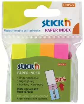 Закладки клейкие Hopax неоновые, бумажные, 12х50 мм, 4 цвета х 100 листов, европодвес, 21613