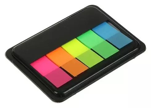 Закладки с клеевым краем, пластиковые, 45 X 12 мм, 5 цветов по 20 листов, флуоресцентные, в диспенсере