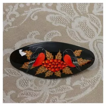 Заколка "Снегири. рябина", лаковая миниатюра, прямоугольная