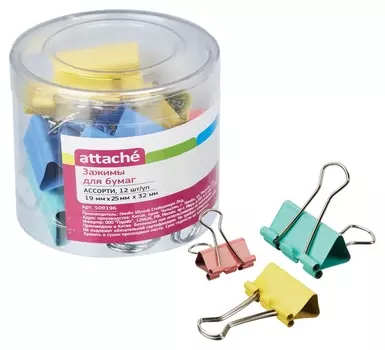 Зажим для бумаг цветные (19мм,25мм,32мм), 12шт/уп Attache,пласт.бок