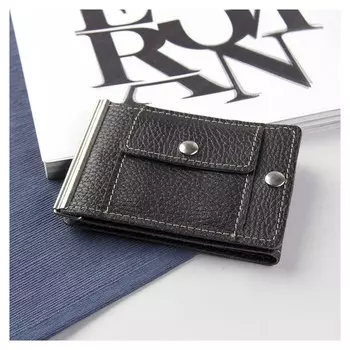 Зажим для купюр на магните из натуральной кожи, отдел для монет Цвет чёрный