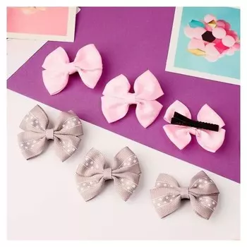 Зажим для волос "Бантик" (Цена за штуку) полоса в горошек 5,5 см, крем-брюле и розовый