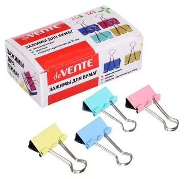 Зажимы для бумаг 25 мм, 12 штук, Devente, металлические, х 4 цвета, картонная коробка