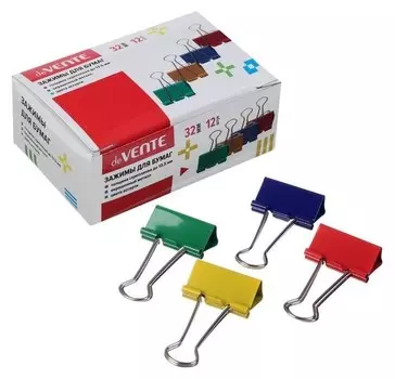 Зажимы для бумаг 32 мм, 12 штук, цветные х 4 вида, металлические, Devente