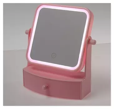 Зеркало с подсветкой настольное, квадратное, цвет розовый