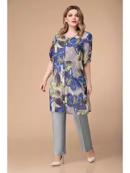 Брючные костюмы 1233-2019 (синие цветы)