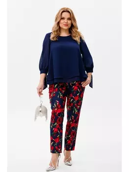 Брючные костюмы 1390 синий, розы