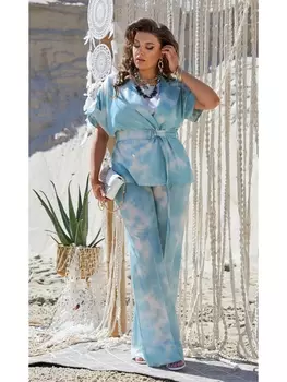 Брючные костюмы 21383/2 бирюза+белый