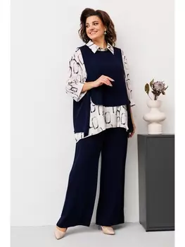 Брючные костюмы 3-2510 синий/бежевый