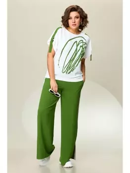 Брючные костюмы 6054 зеленая-трава/белый