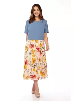 Платье 1024 голубой + цветы